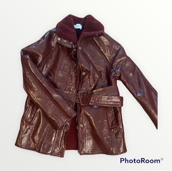 NEW J.O.A. x REVOLVE Red Patent Leather Belted Fleece Lined Jacket, Size XS - Picture 6 of 8